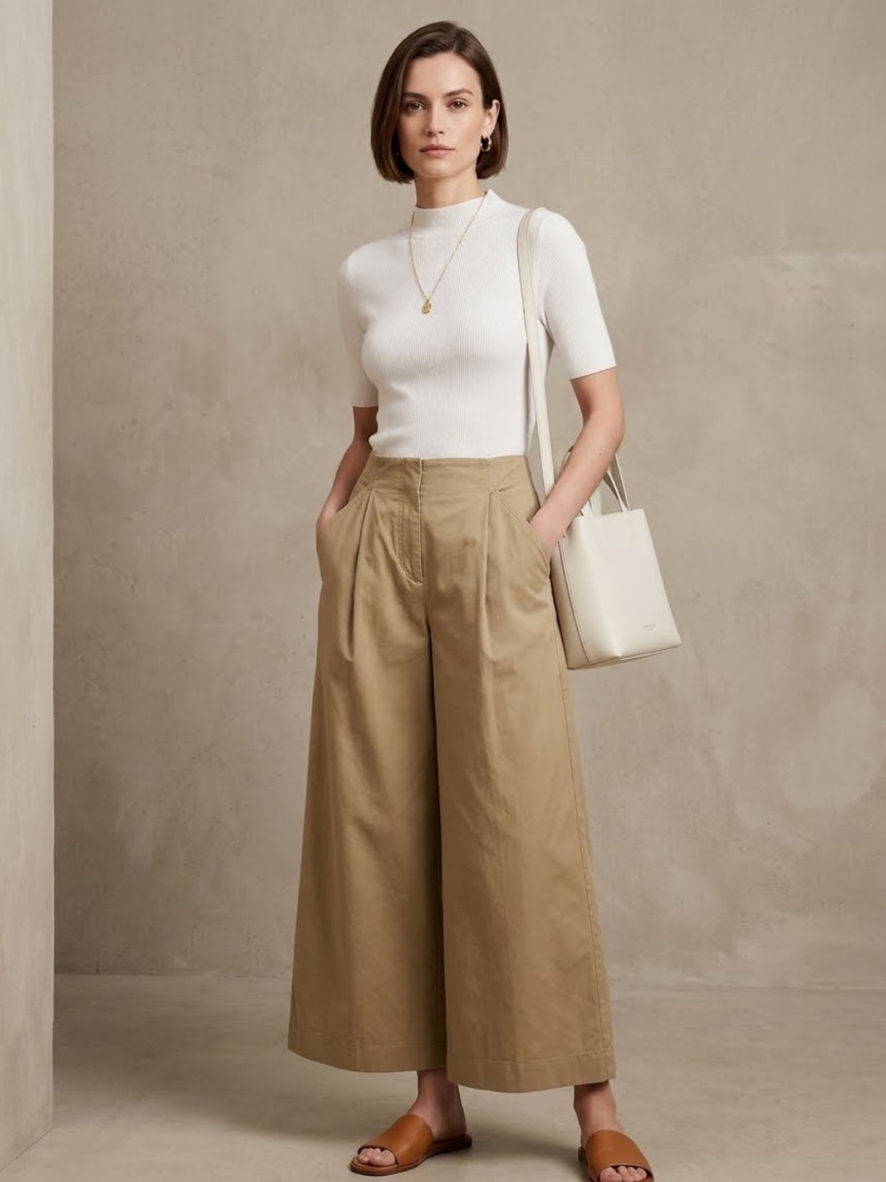 Bimba Y Lola cotton pleated wide leg baggy trouser pants size EU 38/US 6 tan